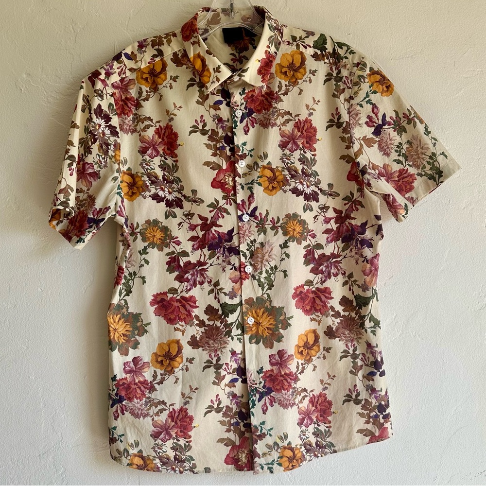 ASOS Cream Floral Button-Down Shirt with Yellow & Burgundy Flowers